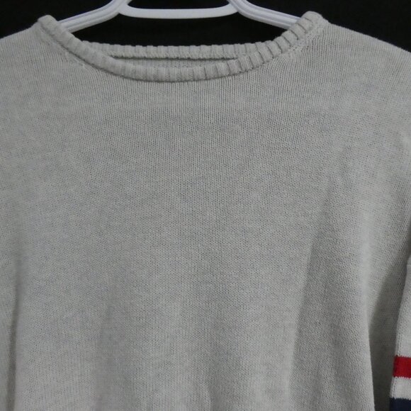 Women's Grey Cropped Sweater | medium | Red and Blue Striped Sleeves - Picture 4 of 15